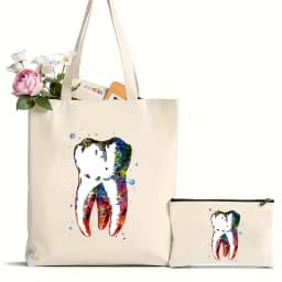 2Pcs Tooth and Dentist Graphic Aesthetic Funny Fashion Handbags Shoulder Bags Casual Shopping Girls Handbag Women Elegant Canvas