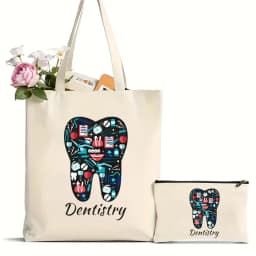 2Pcs Tooth and Dentist Graphic Aesthetic Funny Fashion Handbags Shoulder Bags Casual Shopping Girls Handbag Women Elegant Canvas