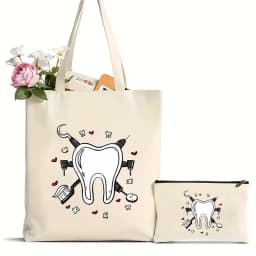 2Pcs Tooth and Dentist Graphic Aesthetic Funny Fashion Handbags Shoulder Bags Casual Shopping Girls Handbag Women Elegant Canvas