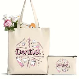 2Pcs Tooth and Dentist Graphic Aesthetic Funny Fashion Handbags Shoulder Bags Casual Shopping Girls Handbag Women Elegant Canvas