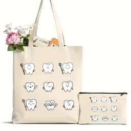 2Pcs Tooth and Dentist Graphic Aesthetic Funny Fashion Handbags Shoulder Bags Casual Shopping Girls Handbag Women Elegant Canvas