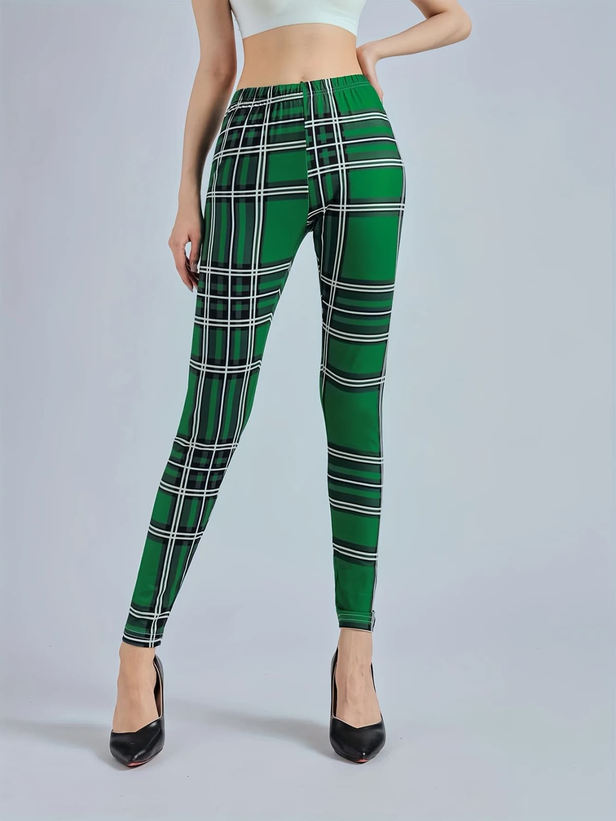 Women's Green Checkered Printed Leggings High Waisted And High Elastic Leggings Casual Pencil Pants Tight Pants