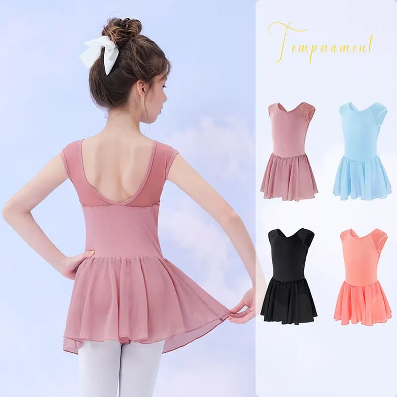 Girls Ballet Dress Sleeveless Dance Leotard Dress Cotton Splice Dance Dress for Girls Kids Ballet Leotard with Chiffon Skirt