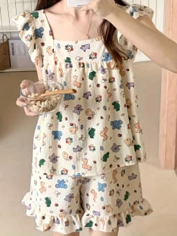 Allover Cartoon Print Lounge Set Ladies Summer Cute Ruffle Sleeve Square Neck Top & Shorts Kawaii Women's Loungewear Summer