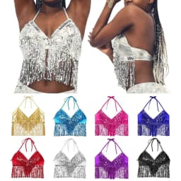 Women Belly Dance Sequin Tassel Fringe Top Nightclub Performance Halter Bra Dance Wear Show Costumes 