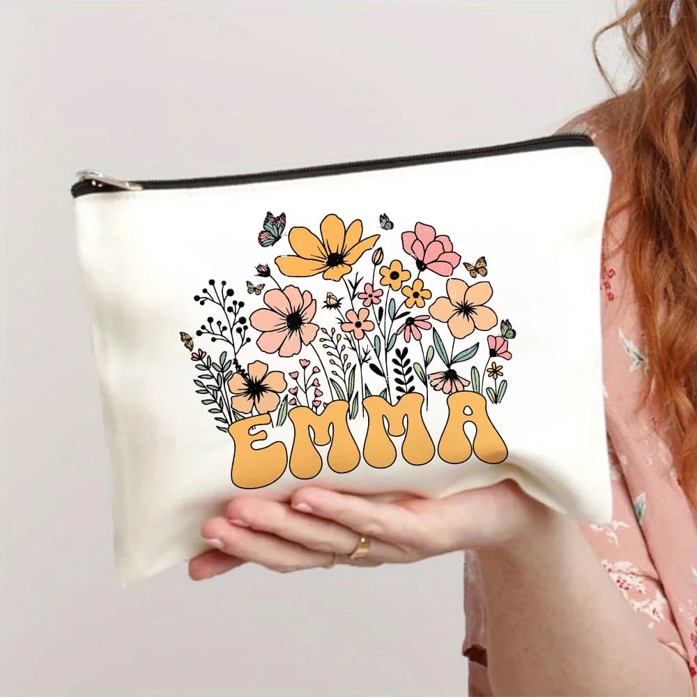 Personalized Flower with Name Makeup Bag Travel Cosmetic Case Canvas Monogram Toiletry Bag Festive Birthday Wedding Gift for Her