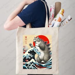 Catzilla Cat Japanese Art Funny Cat Gifts Pattern Tote Bag Canvas Shoulder Bags Women's Reusable Shopping Bags Best Gift