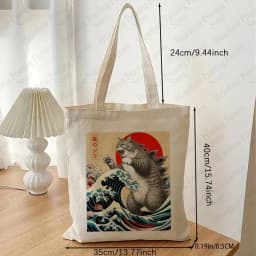 Catzilla Cat Japanese Art Funny Cat Gifts Pattern Tote Bag Canvas Shoulder Bags Women's Reusable Shopping Bags Best Gift