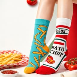 1 Pair Unisex Funny AB Style Tomato Ketchup French Fry Printed Mid-Calf Socks Suit In All Seasons