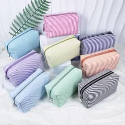 Fashion Women Ruffle Cosmetic Bags Pink/Purple Striped Storage Make Up Bags for Women Lady with Zipper Travel Bag Makeup Bag