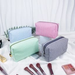 Fashion Women Ruffle Cosmetic Bags Pink/Purple Striped Storage Make Up Bags for Women Lady with Zipper Travel Bag Makeup Bag