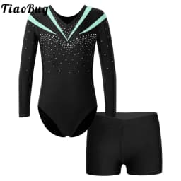Children Gymnastics Ballet Dance Leotard Set Shiny Rhinestone Long Sleeve Jumpsuit with Shorts Outfits for Girls Sport Dance