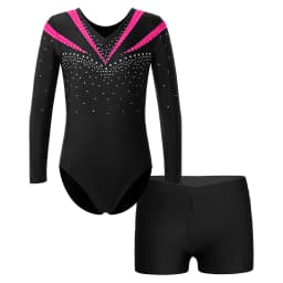 Children Gymnastics Ballet Dance Leotard Set Shiny Rhinestone Long Sleeve Jumpsuit with Shorts Outfits for Girls Sport Dance