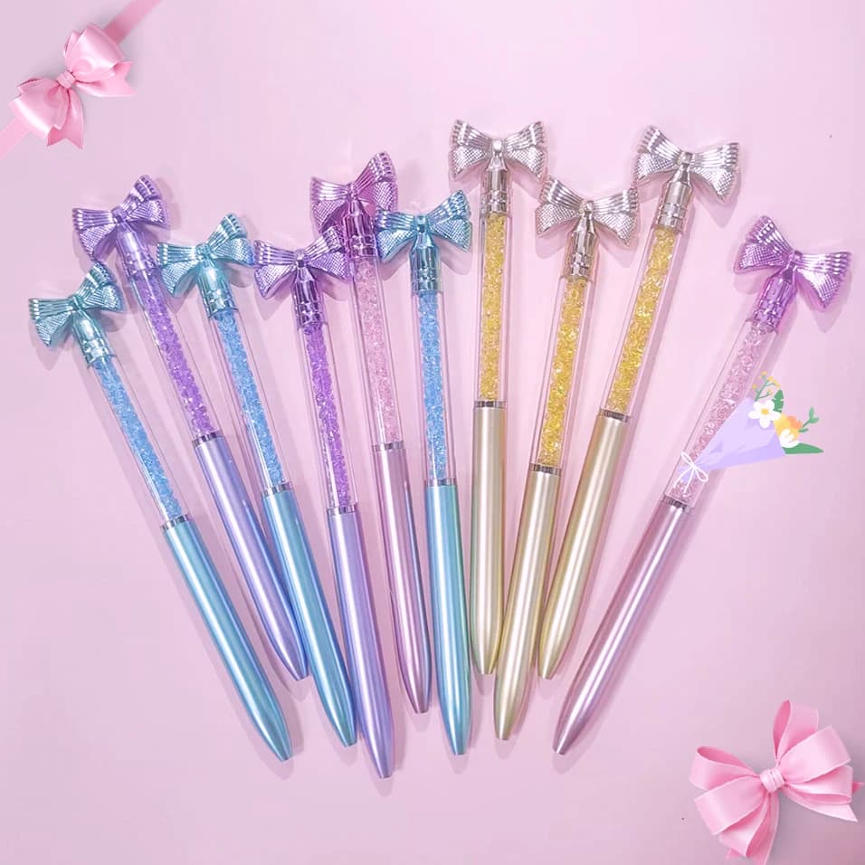 10Pcs/Lot Cute Bow Knot Ballpoint Pens Bow-tie Rotating Crystal Writing Gel Pen Black Blue Ink Office Supplies School Stationery