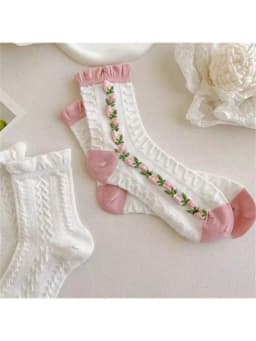 5 pairs of pink and white girl diamond patterned flower socks pink and cute lace mid length socks