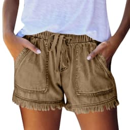 Ladies' Washed Solid Color Slimming Tassel Edge Denim Shorts Fashion Sexy Elastic Waist Leisure Pockets Summer Short Trousers