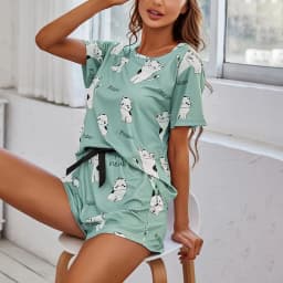 Women's Cartoon Cat Print Cute Pajama Set Summer Short Sleeve Top & Shorts Soft Comfortable Sleepwear Women Home Clothes Pj Sets