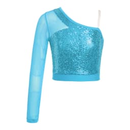 Kids Girls Jazz Dance Tops One Shoulder Shiny Sequins Crop Top for Ballet Gymnastics Skating Stage Performance Dance Wear