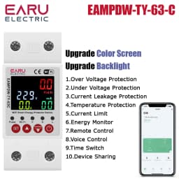 EARU Tuya WiFi Smart Enery Power kWh Meter Monitor Under Over Voltage Current Earth Leakage Protector Time Relay Switch Breaker