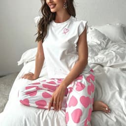 Heart & Letter Printed Womens Pajama Pj Set Soft Short Sleeve Tops & Elastic Waist Pants Pyjama Pijama Femme Casual Home Clothes