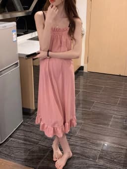 Girl Korean Chic Healing Princess Style Ruffled Simple Sweet Pajamas Women Summer Autumn Sling Mid-Length Nightgown Homewear