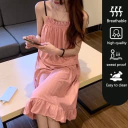 Girl Korean Chic Healing Princess Style Ruffled Simple Sweet Pajamas Women Summer Autumn Sling Mid-Length Nightgown Homewear