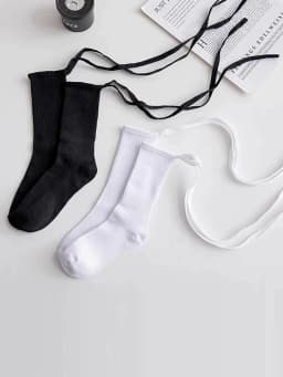 2 Pairs Jk Mid Tube Women Lace Up Socks Fashionable Versatile Black White Solid Color Cross Straps Comfortable Breathable Socks