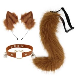 Cat Ears and Wolf Fox Animal Tail Cosplay Costume Faux Fur Hair Clip Headdress Halloween Leather Neck Chocker Set