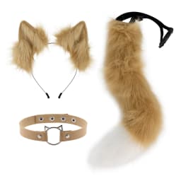 Cat Ears and Wolf Fox Animal Tail Cosplay Costume Faux Fur Hair Clip Headdress Halloween Leather Neck Chocker Set