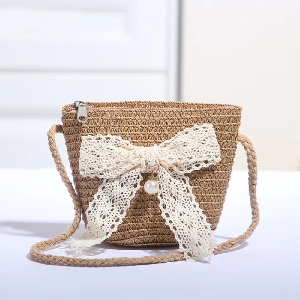 Sweet Kid's Straw Woven Bag Bow Shoulder Bag Outdoor Travel Messenger Bag Beach Bag Mini Children's Coin Purse Handbag