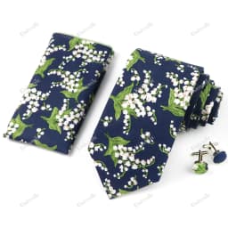 High Quality 7cm Floral Cotton Ties Hanky Cufflink Set Green Blue Skinny Necktie For Men Wedding Party Groom Cravat Accessories