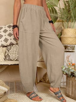 Women Cotton Pants Summer Casual Vintage Pockets Thin Beach Trousers Female Elastic Waist Wide Leg Retro Loose Harem Pants