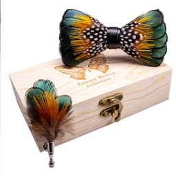 JEMYGINS Original New Design Bow Tie Natural Feather Exquisite Hand Made Men Luxury Bow Tie Wooden Gift Box Set Wedding Party