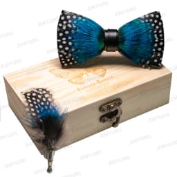 JEMYGINS Original New Design Bow Tie Natural Feather Exquisite Hand Made Men Luxury Bow Tie Wooden Gift Box Set Wedding Party