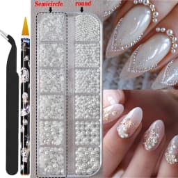 12grids Half Round Pearls Beads 3D Nail Charms 1.5/2/2.5/3/4/5mm White Flatback Pearls Nail Jewelry Nail Craft Pearl Rhinestones