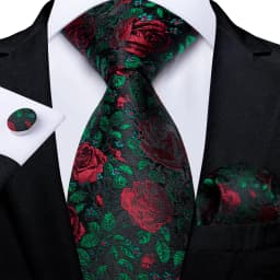 Black Red Rose Floral Ties For Men 8cm Men's Neck Tie Handkerchief Cufflinks Set Business Wedding Tie Gift For Men DiBanGu