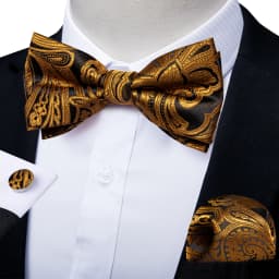 Classic Black Men Bow Ties Bowties Butterfly Pocket Square Cufflinks Set Suit Paisley Gold Pre-Tied Bow Tie