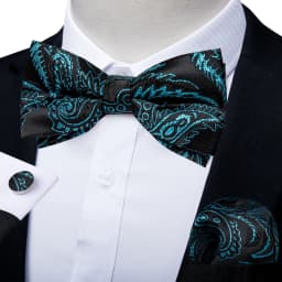 Classic Black Men Bow Ties Bowties Butterfly Pocket Square Cufflinks Set Suit Paisley Gold Pre-Tied Bow Tie
