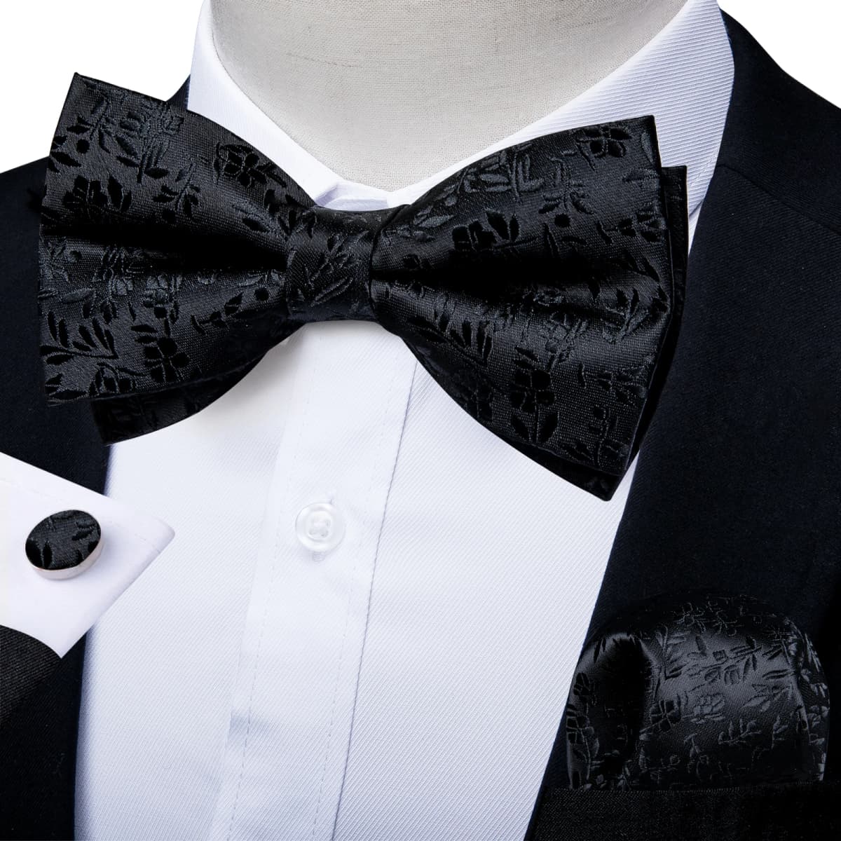 Classic Black Men Bow Ties Bowties Butterfly Pocket Square Cufflinks Set Suit Paisley Gold Pre-Tied Bow Tie