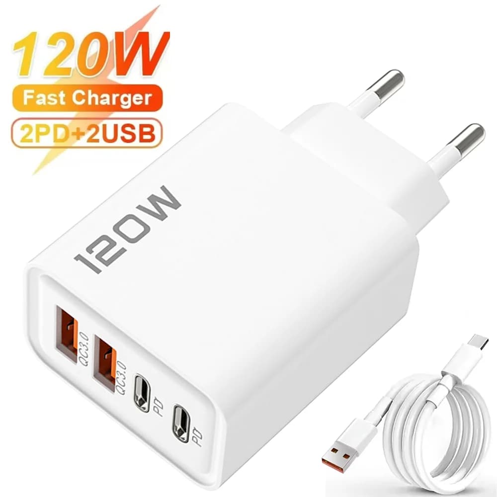 Total 120W Fast Charger USB Type C Cable Fast Charging Phone Power Adapter For iPhone Xiaomi Samsung Quick Charge Wall Charger