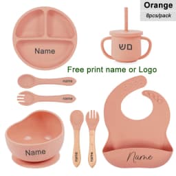 8Pcs Baby Silicone Feeding Set Round Dining Plate Sucker Bowl Dishes For Kids Personalized Name Children's Tableware Straw Cup