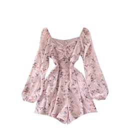 Korean New Spring Summer Chiffon Jumpsuit V-neck Puff Sleeves Folds Slim Slimming Floral Wide-leg Shorts Jumpsuit UK770