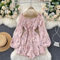 Korean New Spring Summer Chiffon Jumpsuit V-neck Puff Sleeves Folds Slim Slimming Floral Wide-leg Shorts Jumpsuit UK770