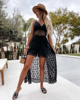 Summer V Neck Solid Color Lace Hollow-Out Sleeveless Sling Party Wear High Waist Rompers Holiday Casual White Women's Jumpsuit