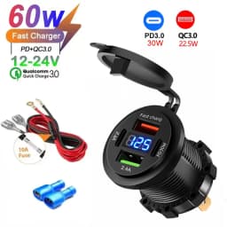 Car Charger Socket Dual Type-C & Dual USB 4Ports Fast Charging Socket Waterproof with Voltmeter 12V/24V For Car Boat Motorcycle