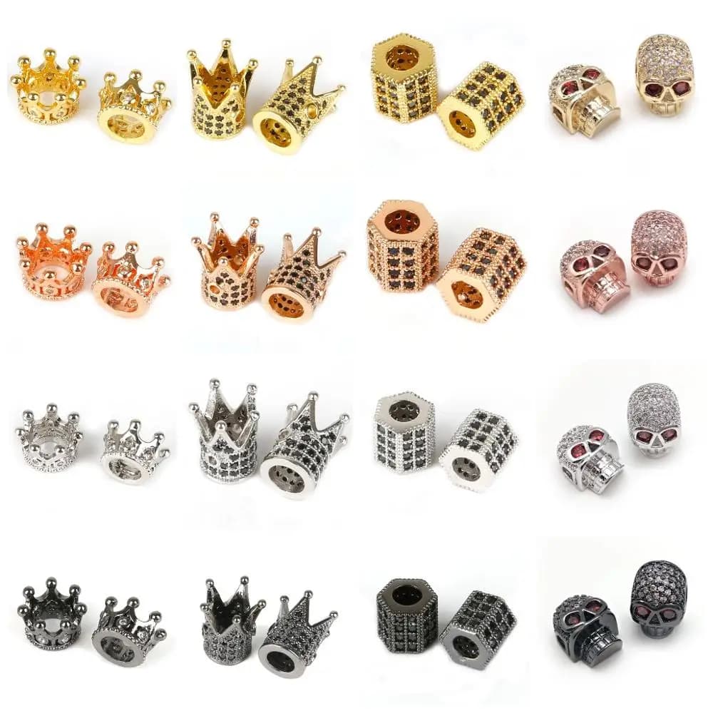 Copper Micro Pave Zircon Crystal CZ Geometry Crown Leopard Helmet Skull Loose Spacer Beads for Jewelry Making DIY Men Bracelet