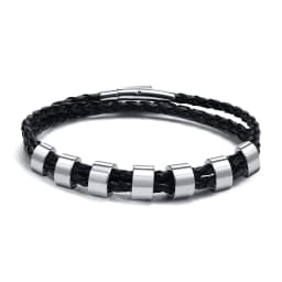 Vnox Free Custom Name Mens Braided Genuine Leather Bracelet Gifts Jewelry,Stainless Steel Beads Charm with Family Names,Dad Gift
