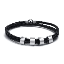 Vnox Free Custom Name Mens Braided Genuine Leather Bracelet Gifts Jewelry,Stainless Steel Beads Charm with Family Names,Dad Gift