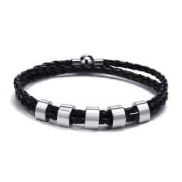 Vnox Free Custom Name Mens Braided Genuine Leather Bracelet Gifts Jewelry,Stainless Steel Beads Charm with Family Names,Dad Gift