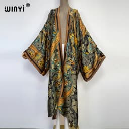 WINYI 2022 Summer Women Cardigan Stitch Cocktail Sexy Boho Maxi African Holiday Batwing Sleeve Silk Feeling Robe Kimono Kaftan